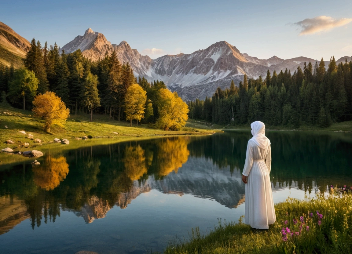 "A stunning 8K resolution landscape showcasing an early morning in a pristine mountainous region. The scene captures the golden light of the sunrise gently illuminating the rugged mountain peaks, which are partly covered with snow. A crystal-clear lake lies in the foreground, perfectly reflecting the towering mountains and the vibrant hues of the dawn sky. The water’s surface is mirror-like, adding a sense of calm and serenity to the scene. Surrounding the lake, lush green meadows are scattered with colorful wildflowers, while tall, majestic trees stand by the water's edge.
On the right side of the frame, a woman stands at the edge of the lake, wearing a simple white dress and a white hijab. She gazes out at the peaceful landscape, adding a serene, contemplative human element to the vast natural beauty. Her presence conveys a sense of reflection and harmony with the tranquil surroundings. The overall atmosphere is one of peace and awe, capturing the raw beauty of nature in incredible detail."