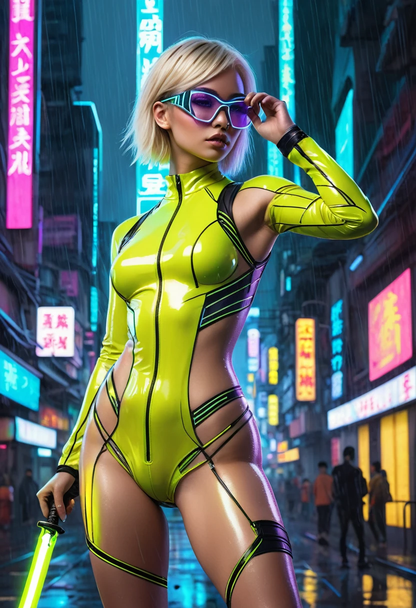 Create an illustration of an athletic woman wearing a skin-colored, form-fitting faux leather outfit. The outfit has neon lines outlining the body. The character is facing away but looking towards the viewpoint showing the side of her breasts.. She has short blonde hair that is shaved on one side of her head.. She is wielding a technological sword pointing upwards. She wears futuristic transparent glasses in neon yellow color. the background scenery should be a cyberpunk futuristic oriental city. a light rain splashes over the character&#39;s body. The scene is at dusk.