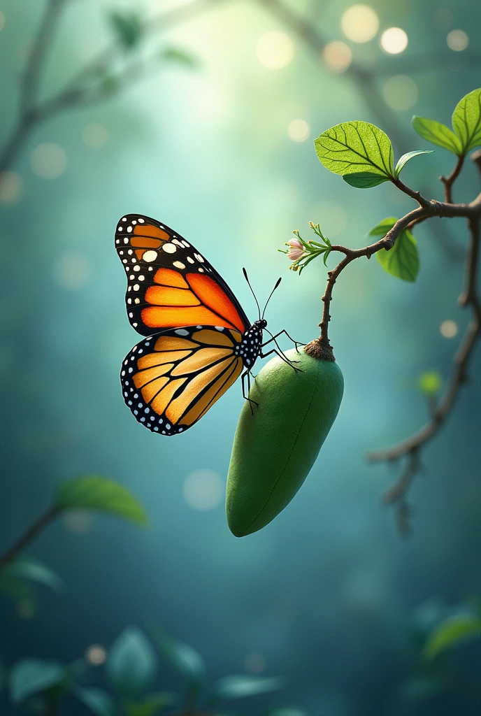 1. Butterfly Emerging from Cocoon

"Create an inspiring image showing a vibrant butterfly emerging from its cocoon. The background should be soft and ethereal, showing metamorphosis, with shades of blue and green, symbolizing transformation and renewal. The butterfly should be detailed and colorful, representing metamorphosis and personal growth, without words, just the image."
