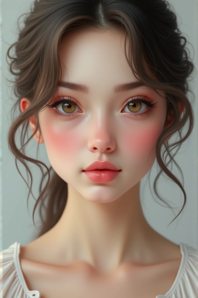 White woman, soft feminine face, photo realistic, light brown eyes and cute attractive face. 