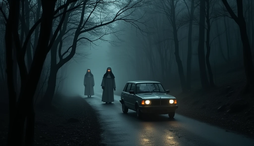Create a realistic and dark image of a vehicle traveling on a wooded curve and the appearance of two nuns dressed in white walking through the wooded curve, Nuns must have fire in their eyes