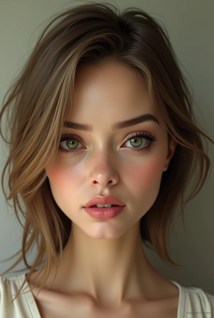 (photo realism 1.2) Pretty, very realistic woman with a square jaw, a thin mouth and a smooth chin. Very detailed dark green eyes and shoulder-length light brown hair. very detailed