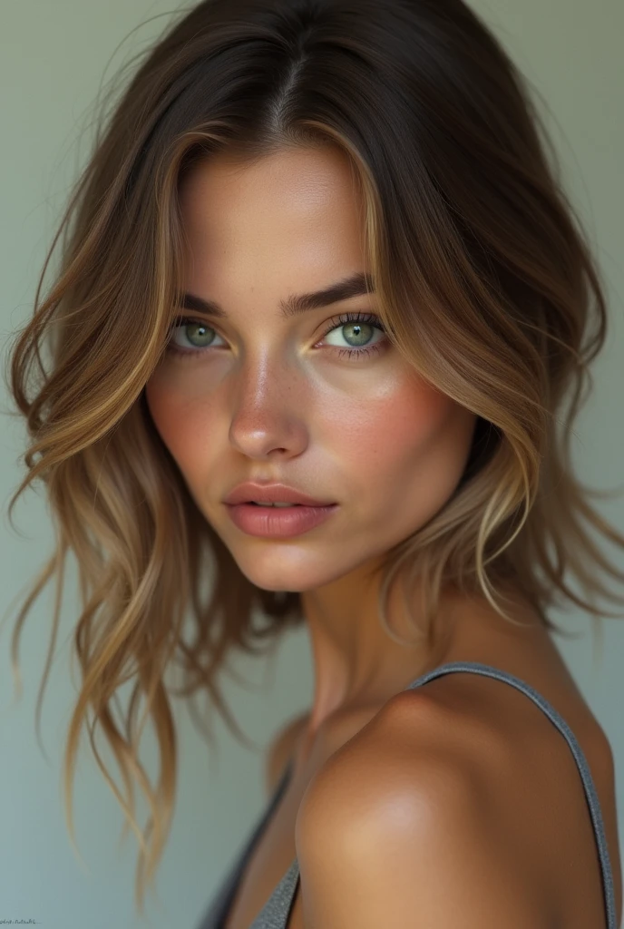 (photo realism 1.2) Pretty, very realistic woman with a square jaw, a thin mouth and a smooth chin. Very detailed dark green eyes and shoulder-length light brown hair. very detailed
