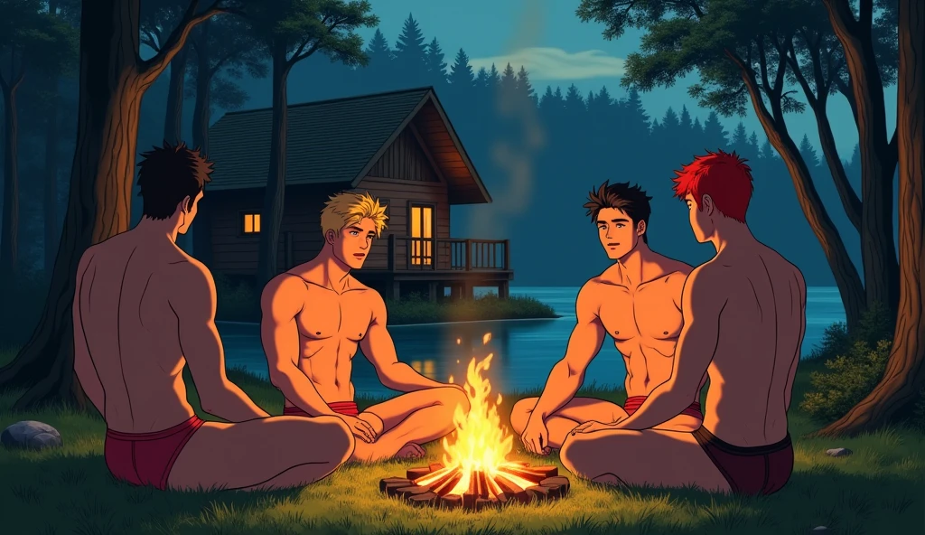 Four men wearing only a short thong that shows a little of their ass each one has a different hair color one of them has blonde hair the other has black hair one has red hair the other has orange hair and only one of them is black they are around a campfire they are sitting on the grass in the back there is a beautiful wooden cabin that can sleep four people they are in a forest at night and on the left side there is a beautiful lake where there are two men kissing the image has to be in a Hot gay anime