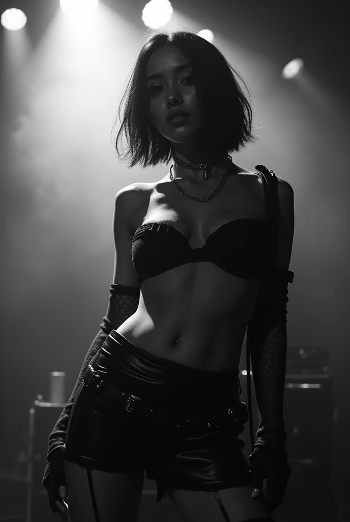 Black and white photography、Live footage、Asian woman with short bob、band、skirt、Beautiful Face、Punk Rock、Large Breasts、Satomi Ishihara、shirt、Cleavage、Stage Lighting、smoke、mist、Alice Hirose、Solo artist、skirtめくり、