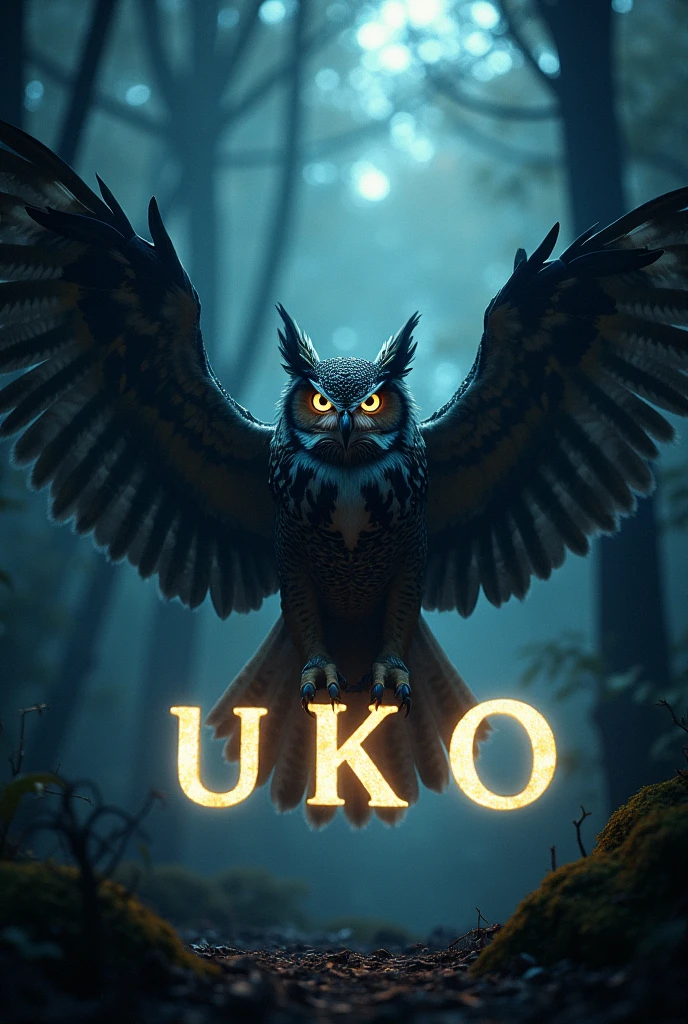 Create a picture of an eagle owl with glowing eyes. The eagle owl spreads its wings. Below the eagle owl are the letters UKO. All letters light up. Everything is capitalized.
it is dark. The eagle owl is detailed.
In the background is forest