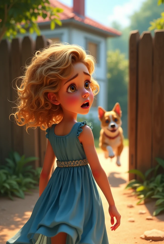 Create a 5  with curly blonde hair, skin fair, and dark brown eyes. She is dressed in a beautiful blue dress and is scared to see her dog run away through the gate of her house.. The scene must be in Pixar&#39;s distinctive digital art style.