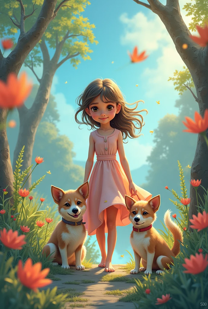 a painting of a girl in a dress and two dogs in a forest, concept art by Alexander Kucharsky, trending on artstation, fantasy art, children's art in artstation, Cute detailed digital art, adorable digital painting, Cute digital art, Fantastic matte painting,Cute, beautiful digital illustration, beautiful artwork ' digital art, colorfull digital fantasy art, Cute artwork