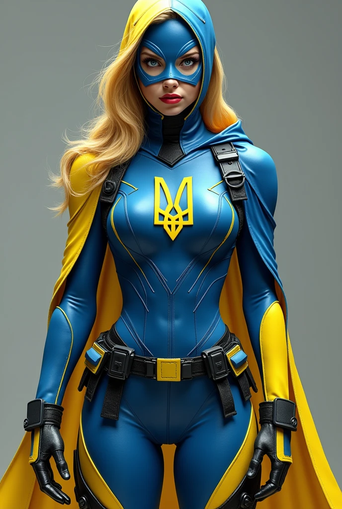 Ukrainianella in her superhero costume. The costume is sleek and modern, embroidery with high-tech materials. The primary colors are blue and yellow, symbolizing the Ukrainian flag. Her suit includes armor-like segments for protection, yet is flexible for agility. A stylized 'U' emblem is prominently displayed on her chest, representing her name. She wears a mask that covers the upper half of her face, leaving her expressive eyes visible. Her boots are sturdy, and she has utility belts and gadgets for her missions. The overall design is both practical and symbolic, reflecting her dual identity as a protector of Ukraine and a skilled fighter."