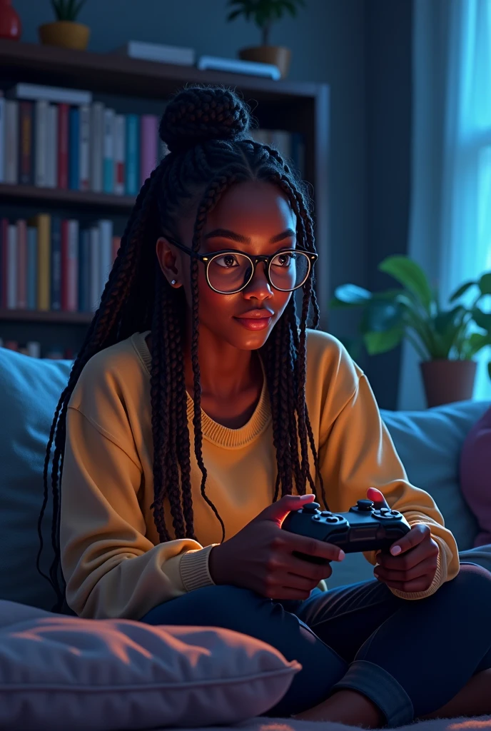 Create a 20 year old black woman with braids and round glasses playing video games in a drawing
