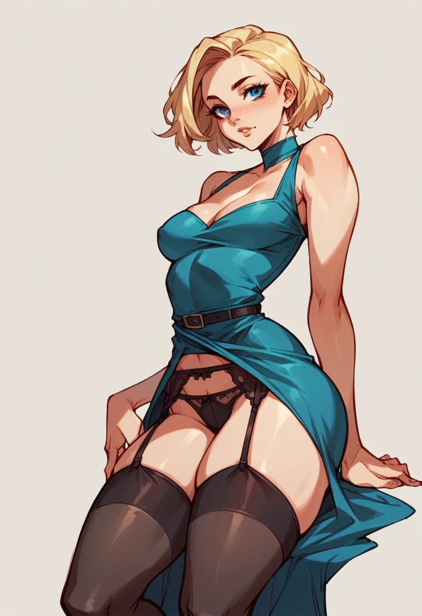 Nsfw,Blonde,1940s dress,blue eyes,black stockings ,garter belt,thick legs,Big ass