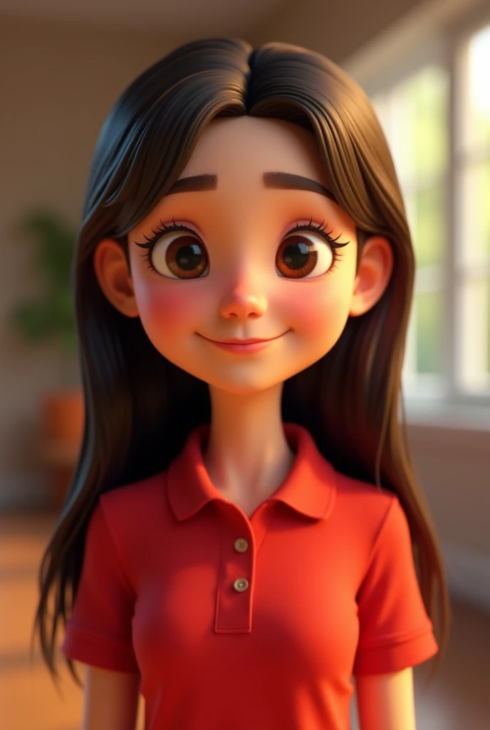 Cartoon characters of a young woman DARK BROWN STRAIGHT HAIR and a RED POLO shirt animation style rendering, 3D stylized, Arnold Maya rendering, Render 3D stylized, , 3D character, 3D character, Stylized 3D rendering, 3d character rendering, cartoon character, Close-up character, Character pose, (pixar style) (master part:1.2) (bokeh) (Best Quality) (detailed skin) (detailed texture) (8k) (clay) (cinematic lighting) (sharp focus