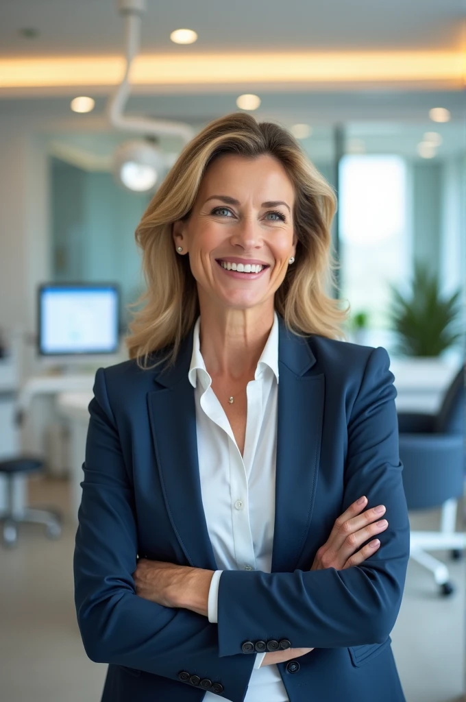 Create me an advertising image for a Dental clinic, Focused on women between 35 and 5