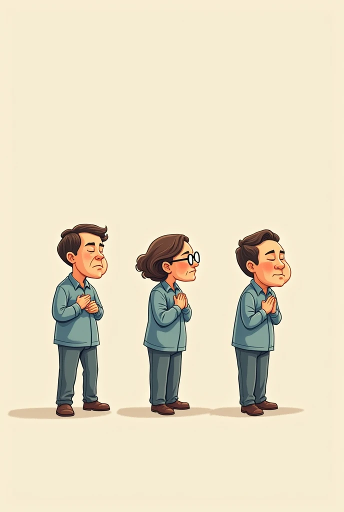 figure, caricature type, for use in celebration slide, to teach the assembly to beat their breasts three times, during the penitential act.Three different figures, but always with eyes closed and only the right hand closed, beating the chest. The left hand remains at rest, body cola, positioned sense. Each image will be used for a part of the sentence.: my fault, my fault, my great fault.