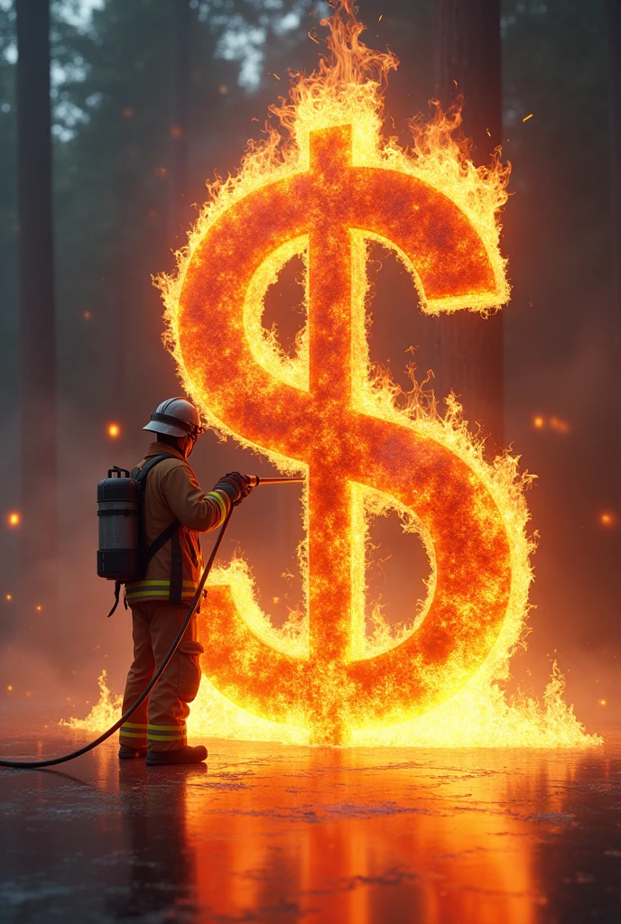 (Photorealism:1.2), number $42,880,500.00 large at the top and in the middle with the edges of the letters in flames, with a smaller scale firefighter PUTTING OUT the fire WITH A WATER HOSE, background written JEM in semi-transparent letters