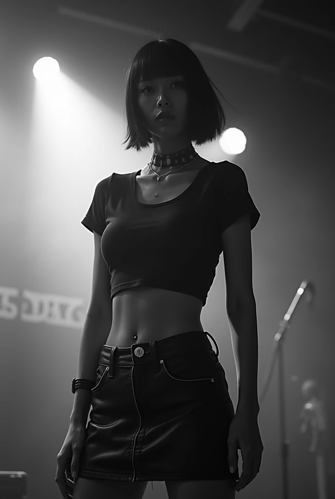 Black and white photography、Live footage、Asian woman with short bob、band、skirt、Beautiful Face、Punk Rock、Large Breasts、Satomi Ishihara、T-Shirts、Cleavage、Stage Lighting、smoke、mist、Alice Hirose、Solo artist、skirtめくり、