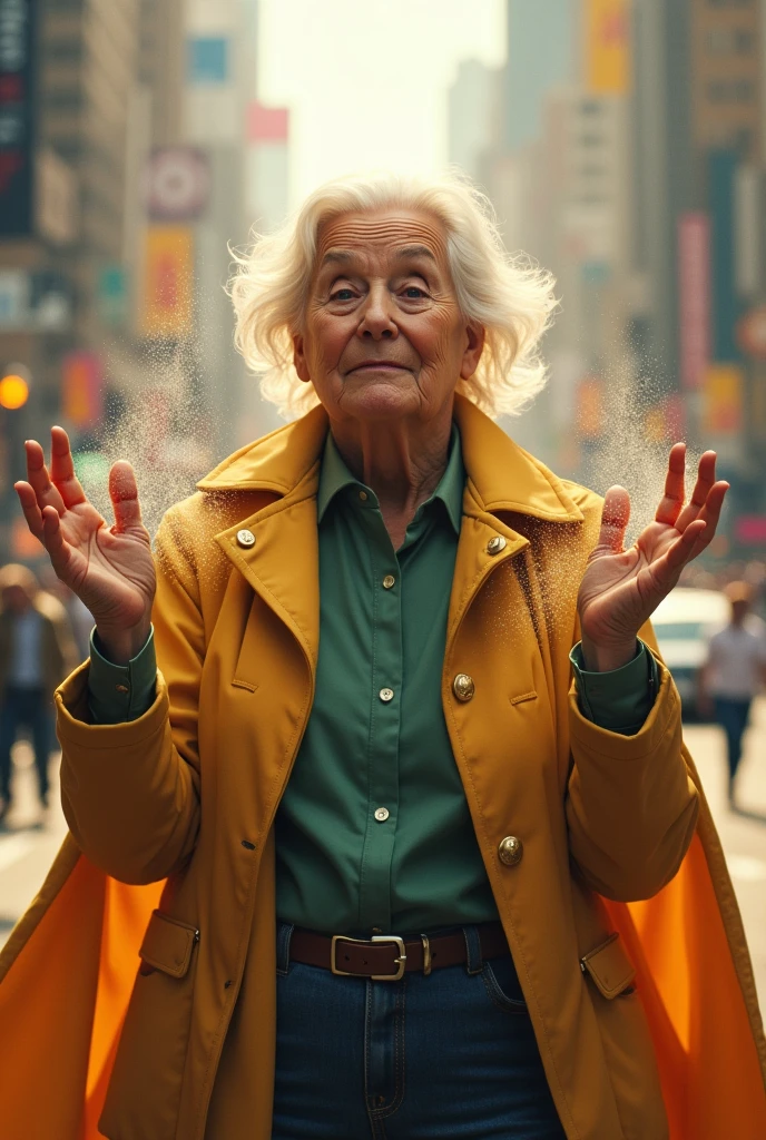 An older woman, tender, Superheroine and her power is allergy