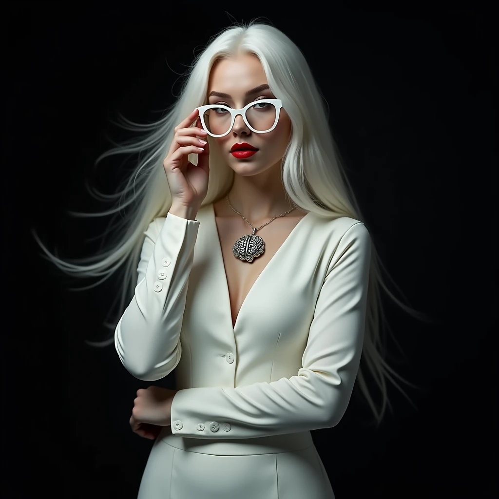 A woman with long white hair,will wear a white trop and a white skirt,I want her with white glasses and red lipstick,I want her wearing a silver brain necklace,I want her to pose holding her glasses,the background will be black