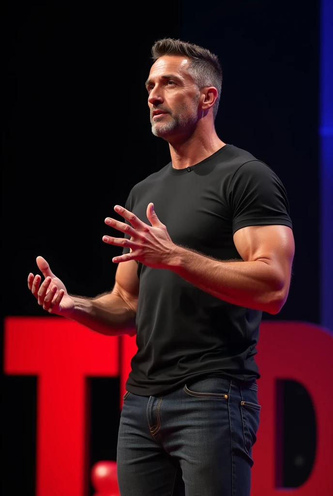 A muscular Italian man in his late 40s with a Greek god physique. He is wearing a silky black fit tshirt and jeans. He is at a tedx conference. Captured mid-speech.