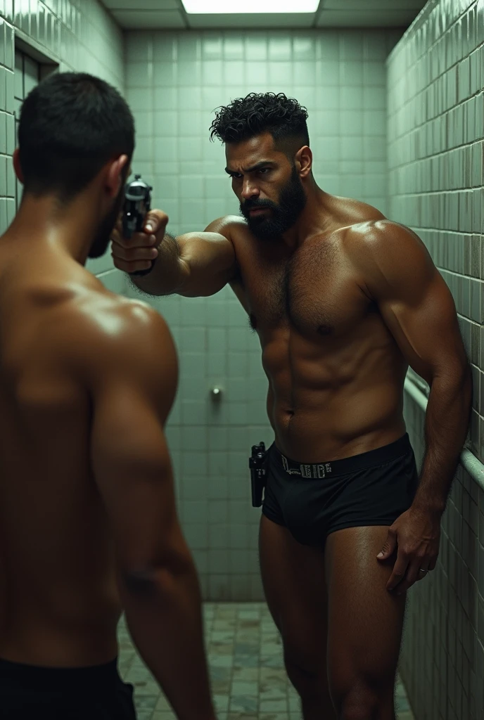 Strong mixed race police officer, bearded, hairy man in black underwear pointing a pistol at another man in a public restroom surrounded by men.