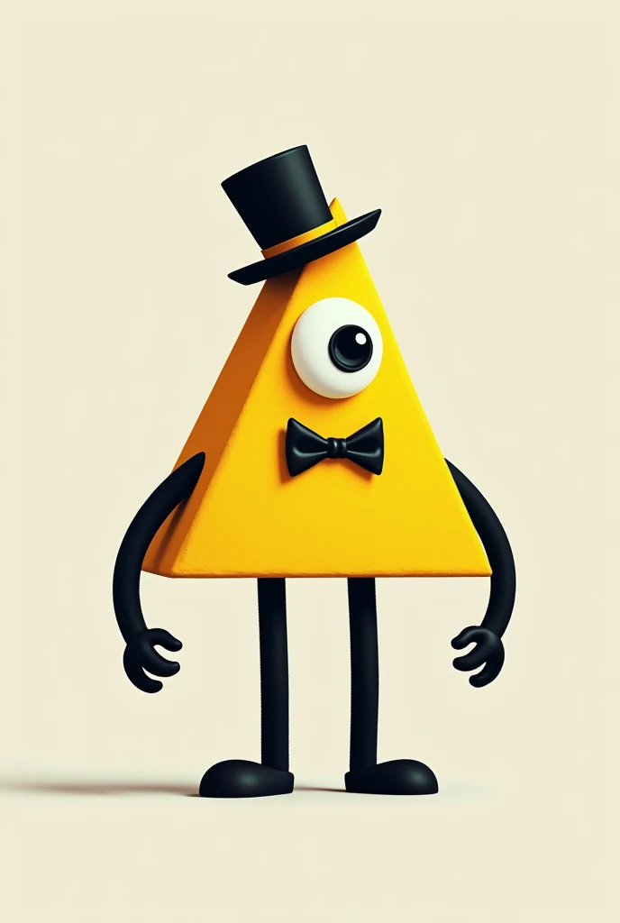 yellow triangle with one eye, bowtie, tophat and black limbs has 4 fingers on hands no mouth or smile