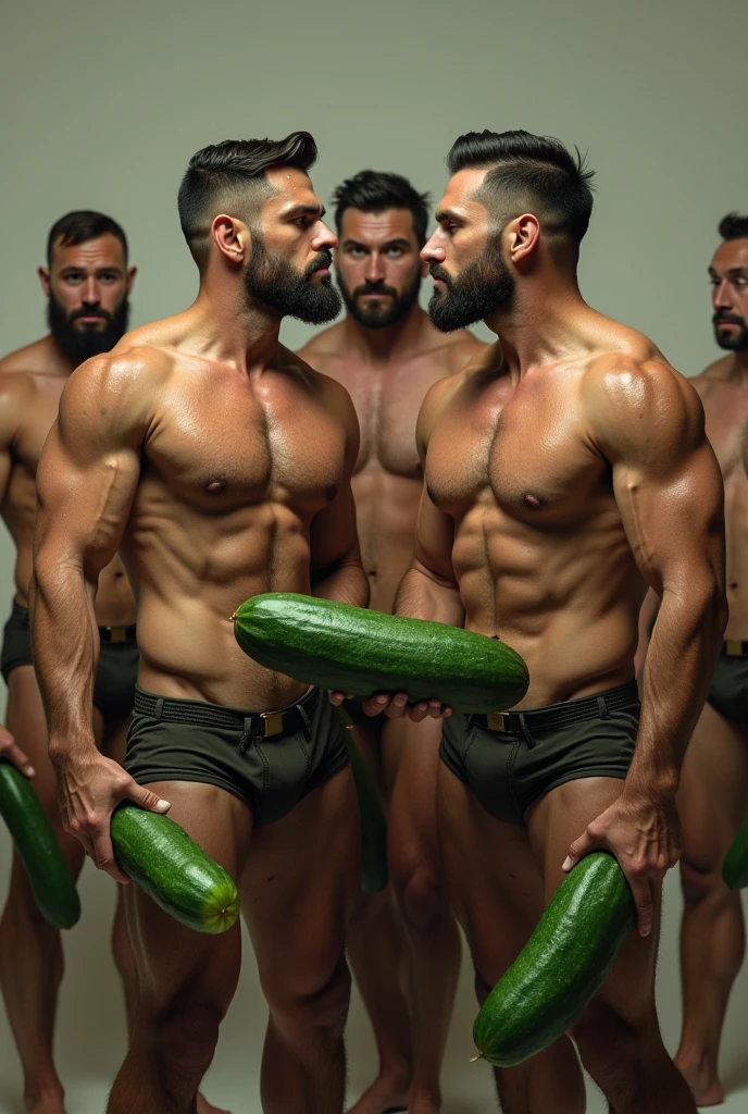 Strong sweaty naked men holding cucumbers