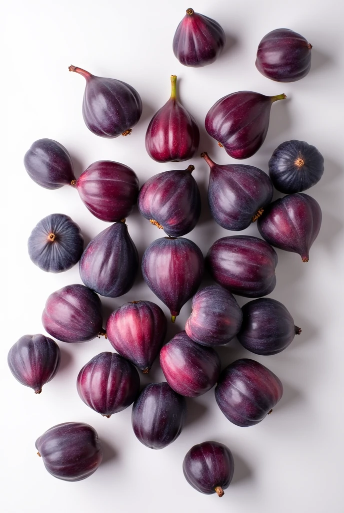 Cover of large appetizing purple fresh figs, scattered image in vertical format, Consider white background without any extra decoration, elegant and formal style, photoshoot profesional