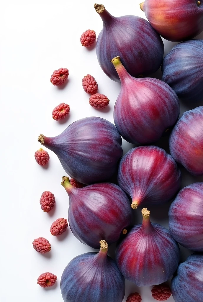Cover of large appetizing purple fresh figs, scattered image in vertical format, Consider white background without any extra decoration, elegant and formal style, photoshoot profesional
