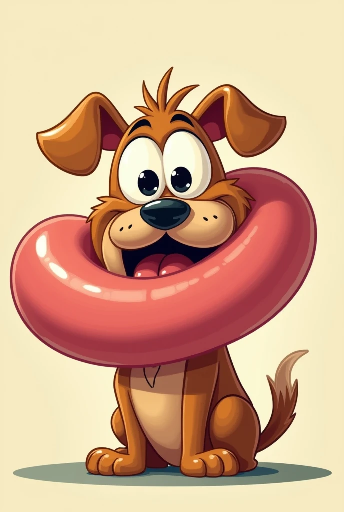 a dog with bulging eyes
, with a very large tongue , a giant tongue wrapping around its own head and squeezing , the tongue goes around the dog , style cartoon