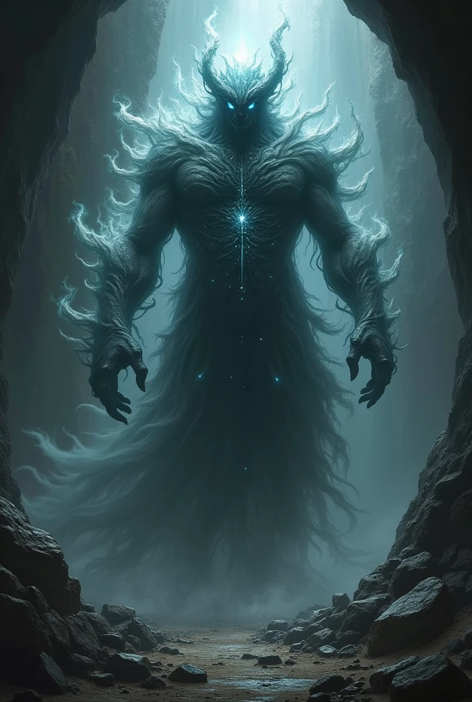 Um elemental de dungeos and dragons, but made of dark mist, with fragments of ore inside
