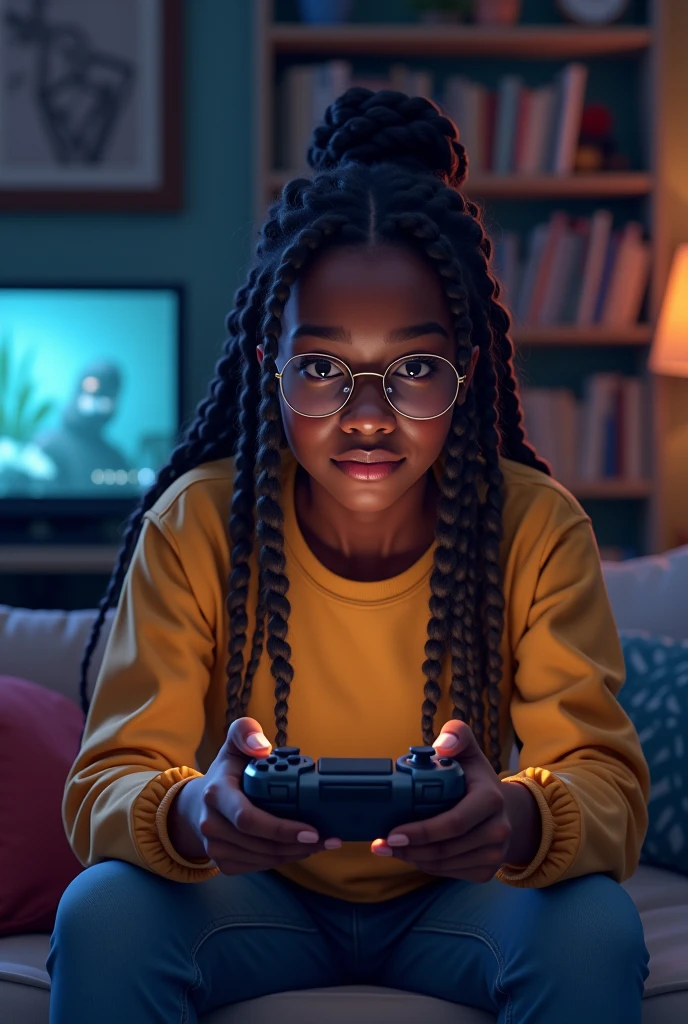 Create a 20 year old black woman with braids and round glasses playing video games in a drawing