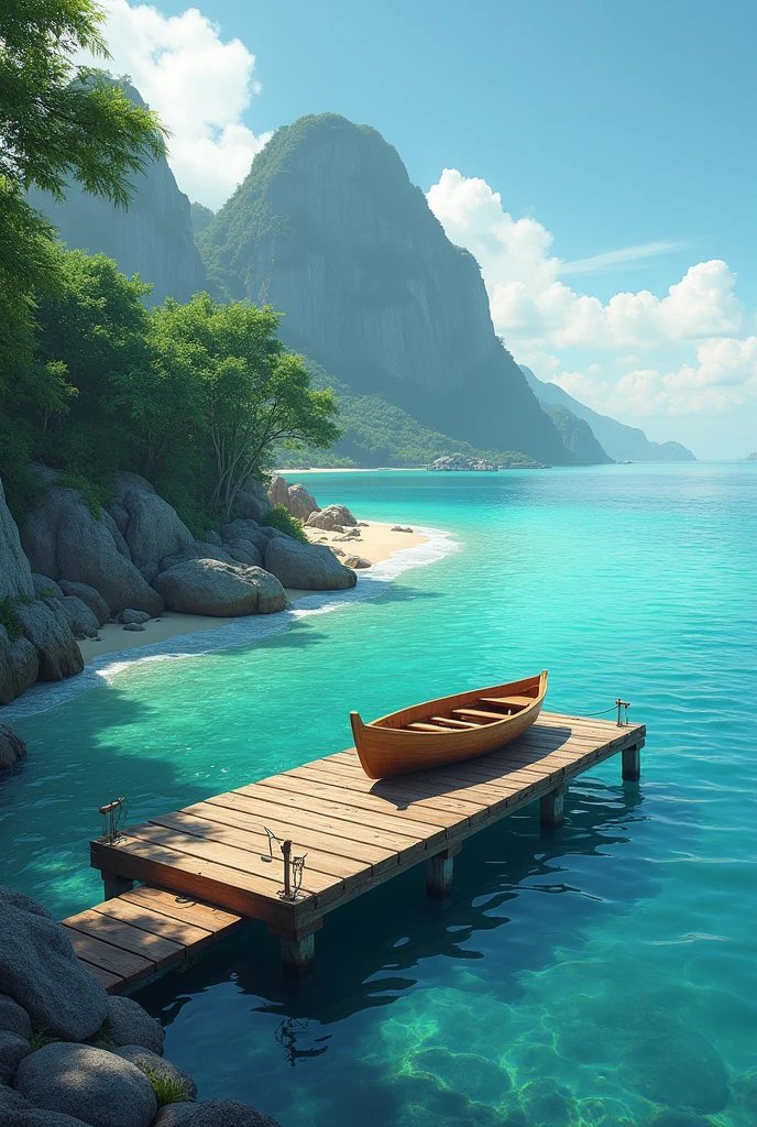 rectangular dock on an island and an anchored boat