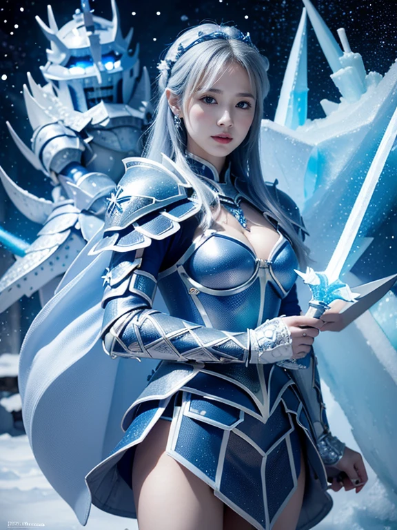 whole body、(high resolution、high quality、High resolution real images、detailed、masterpiece)、(((Blue and white ice knight))),((Holding an ice sword))、 Ultra-detailed paintings by Muki, Deviantart Contest Winner, synchromism, Angular, detailedな,