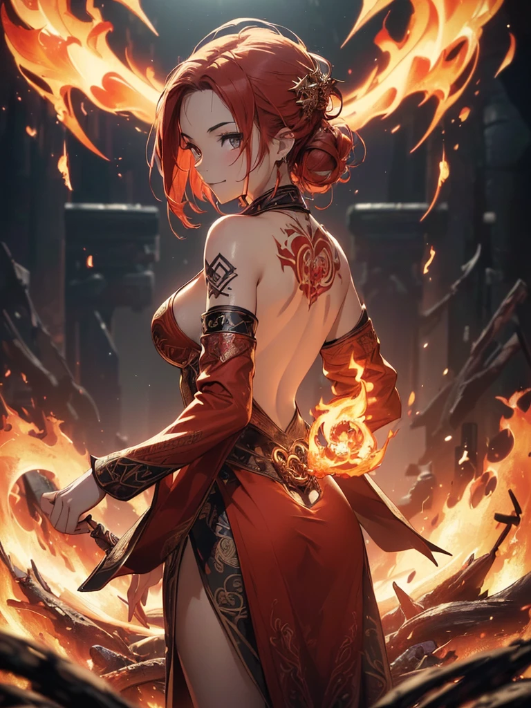 (((best quality, sharp image, clear image, cinematic lighting, 8k resolution, masterpiece, ultra detailed, intricate))) Girl, (((looking over left shoulder))), (shot from behind), fire mage, ((intricate background)), ((chaotic background)), red hair, smiling, ((flame runes, flame sigils)), (tatoo on back), slim figure, flying sigils, long dress, cute