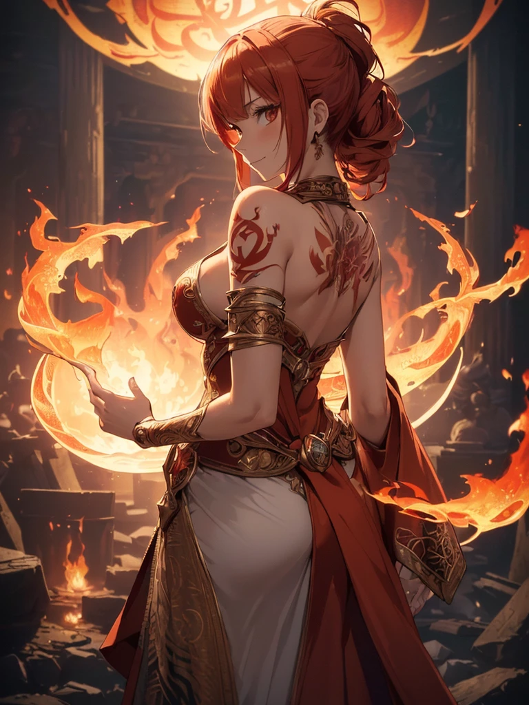 (((best quality, sharp image, clear image, cinematic lighting, 8k resolution, masterpiece, ultra detailed, intricate))) Girl, (((looking over left shoulder))), (shot from behind), fire mage, ((intricate background)), ((chaotic background)), red hair, smiling, ((flame runes, flame sigils)), (tatoo on back), slim figure, flying sigils, long dress, cute