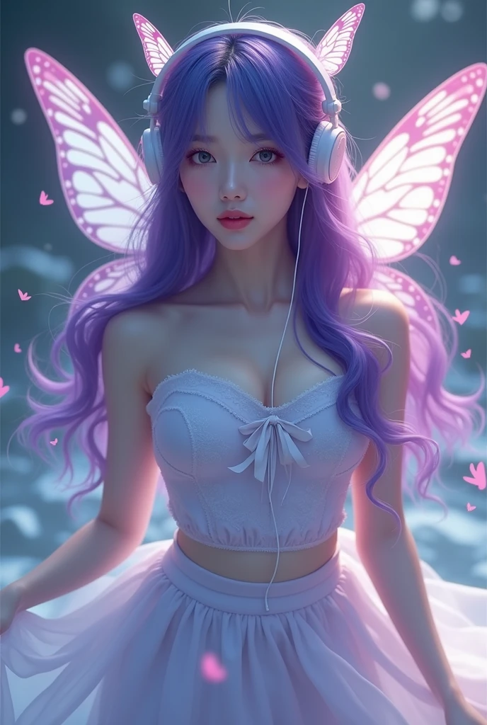 Korean purple hair butterfly woman with headphone in mini skirt