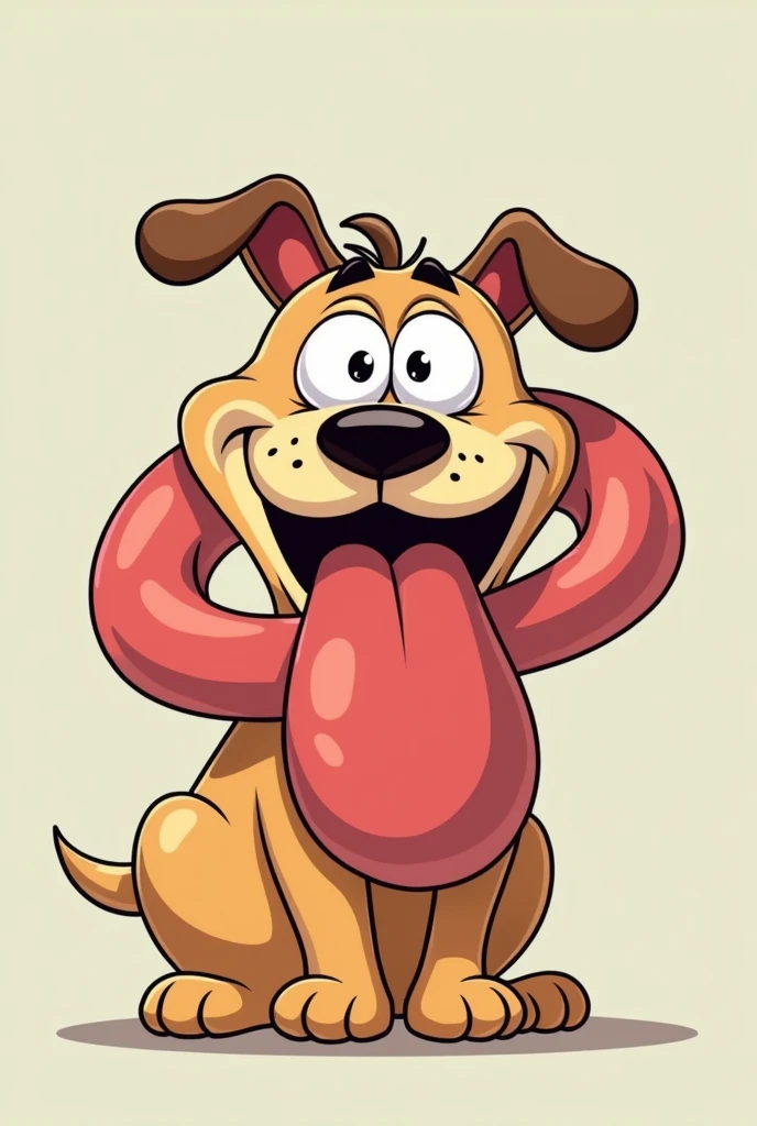 a dog with bulging eyes
, with a very large tongue , a giant tongue wrapping around its own head and squeezing , the tongue goes around the dog , style cartoon