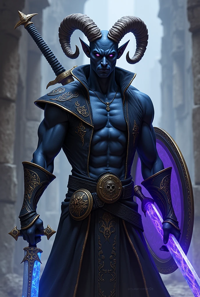 Tiefling male. Very compact, tight, rams horns. dark-black skin. A soft, solemn face. You can see his chest due to his dark-colored, button-less, sleeveless, gold-trimmed jacket. No cape. No cloak. black trousers. He’s in a combative stance. He’s holding the hilt of his sword in the scabbard. His only sword is intricately engraved, curved on his left hip. His second and last sword glows a cobalt blue. He has a glowing purple, shadow emitting shield ON his back and a book holster on his other hip carrying a black, malevolent tome.