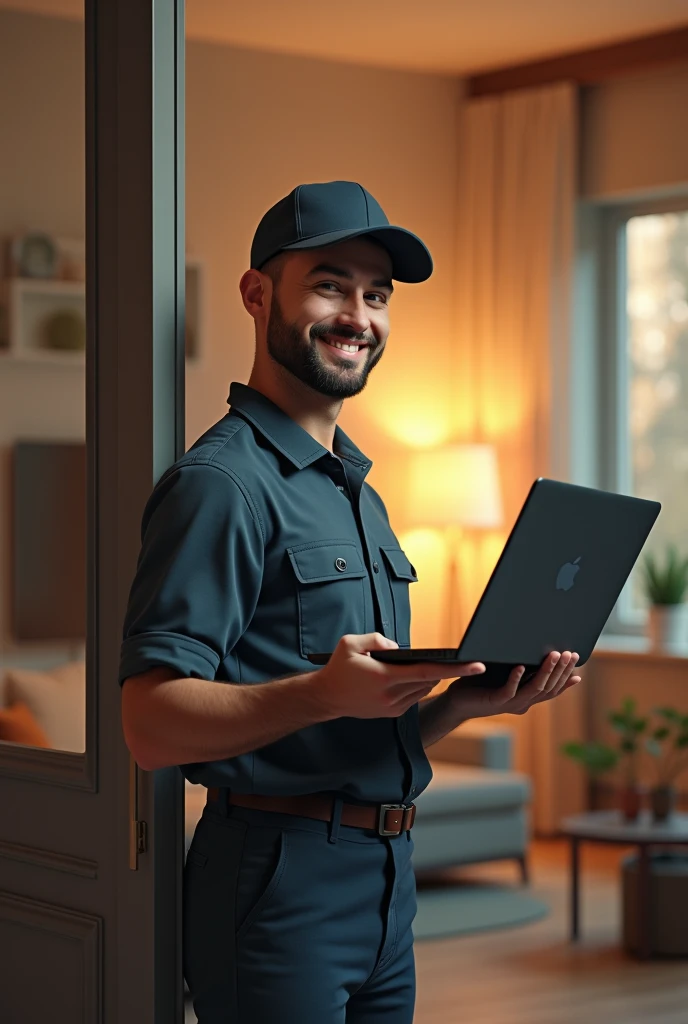 (photorealism:1.2), smiling and handsome man, dressed in the classic attire of a computer technician, wearing a cap. His body appears to be emerging from inside a mobile phone when seen from the side. The man is delivering a laptop to a client's house. The background of the scene should represent a warm and modern home., with elements such as contemporary furniture, Soft lighting and cozy details that convey a feeling of comfort and hospitality