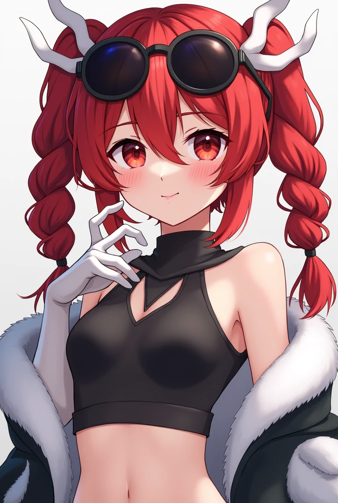 A red-eyed cutie with red hair in fringes and a pigtail hairstyle with braids and a cropped top with white fur and white gloves and white glasses with black lenses on her head