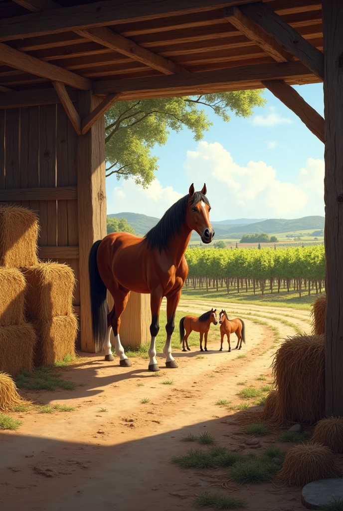 Typical Texas ranch with a shed and inside a horse and ponies and around bales of hay and nearby a vineyard