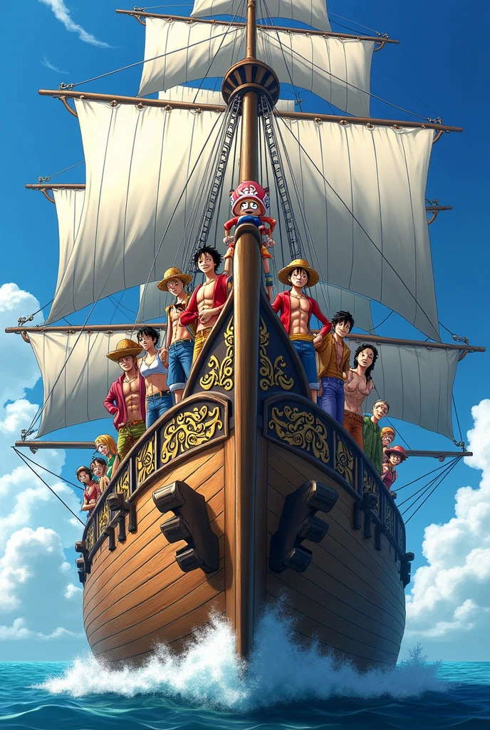 I want a picture of Luffy, Sandy, Zoro, US, Sanji, Chopper, Robin, Franky, Brook e Jimbe, on their pirate ship, the ship is more beautiful, by the greatness of the straw hat gang, mais bonito, much more