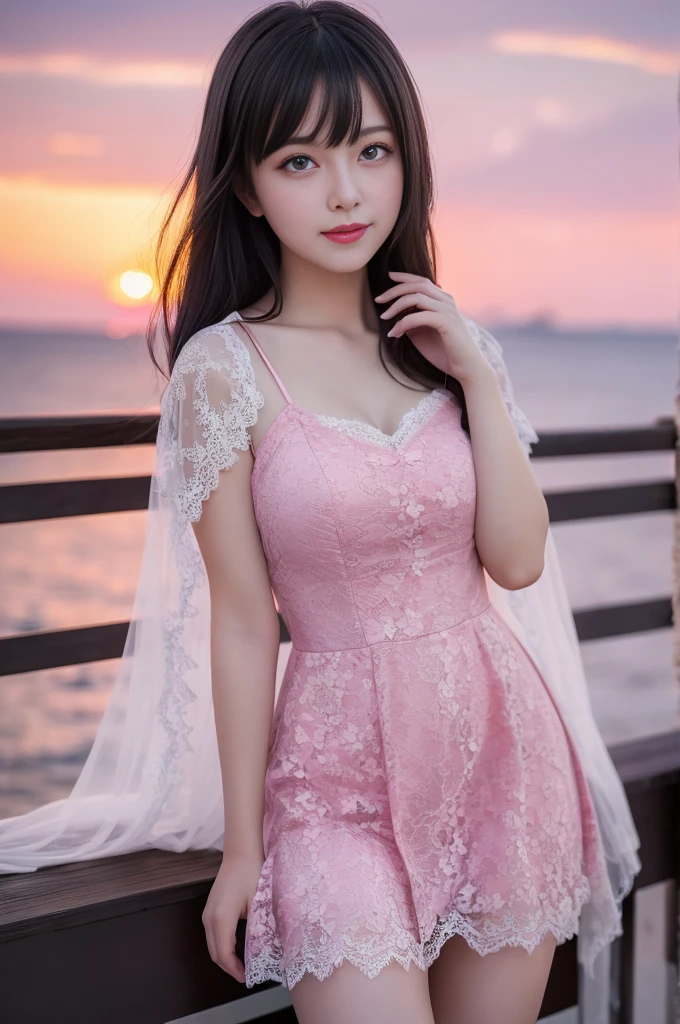 Beautiful female face, ,Vivid and charming eyes, drama, A masterpiece of the finest quality, Realistically, detailed, 8K, High Dynamic Range, Shallow depth of field, Movie Lighting, bloom, Shining, Chromatic Aberration, Clear focus，、Beautiful evening sunset ，Happy，fireworks，seaside，Real beauty and sweetness，Black hair with pink highlights，Japanese，，Lace sexy dress、Girl rides on wolf