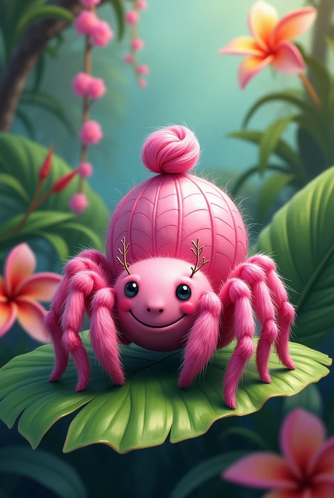 Pink spider with hair bun sitting on vacation