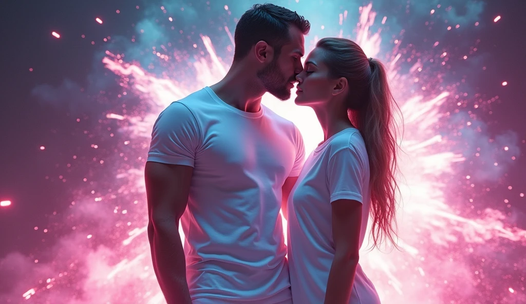 a man with muscles and a BEAUTIFUL woman, dressed in long white t-shirts, new fashion, announcement, neon color explosion, in deep space