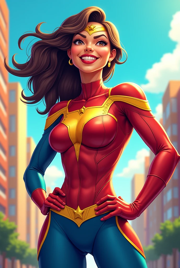 superhero woman, very happy and fun