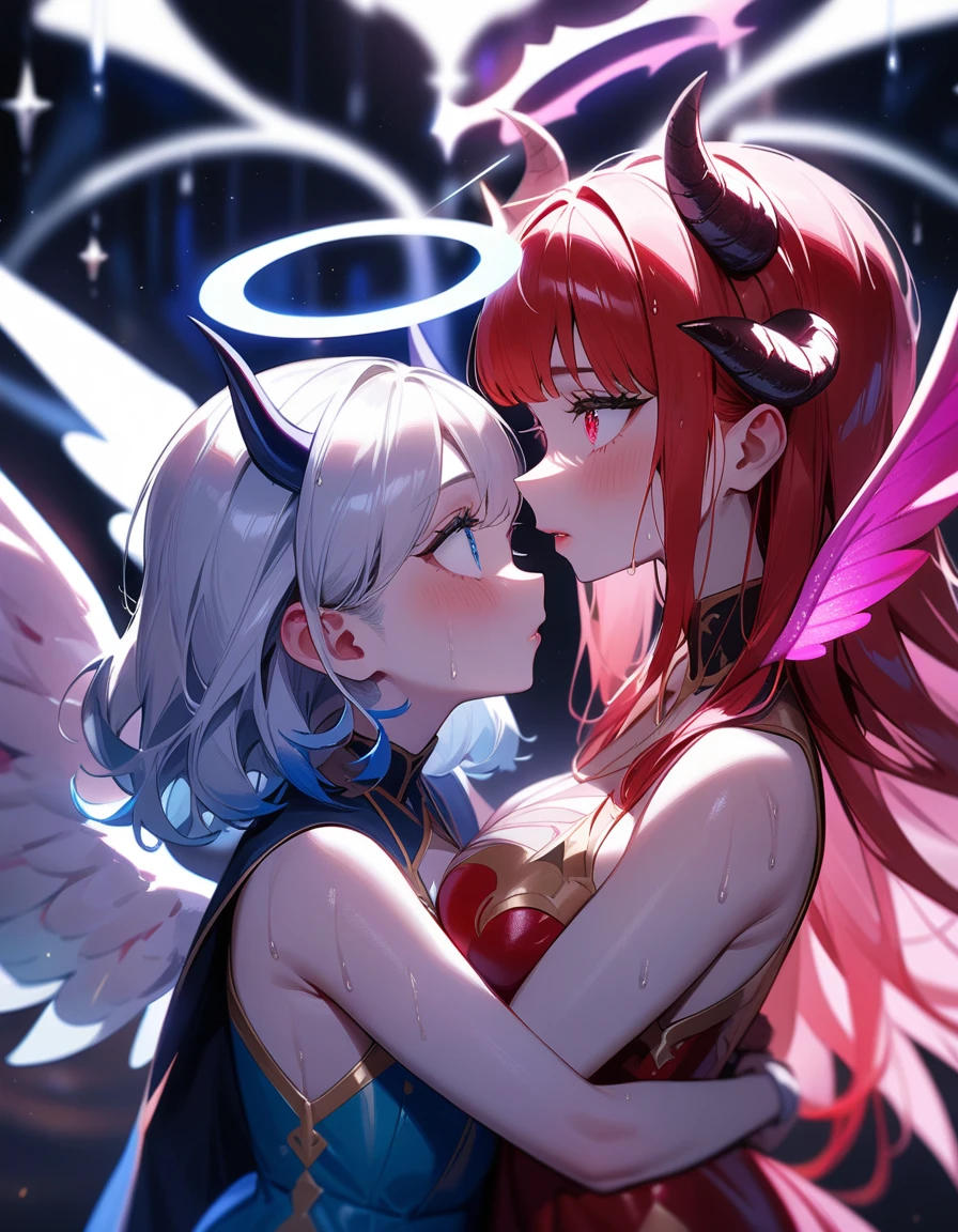 2 little girls,devil and angel ,2 little girls docking ,hugging,super detailed skin,shining skin,wet oiled skin, embarrased,eye contact with each other,majestic wings, devil horns,angel halo,deep, detailed eyes,eyelash,Lip gloss, Breasts huge,chest press,swirly vibrant colors,work of art,best qualityer,ultra detaild,high resolution,sharp focus,Depth of field,