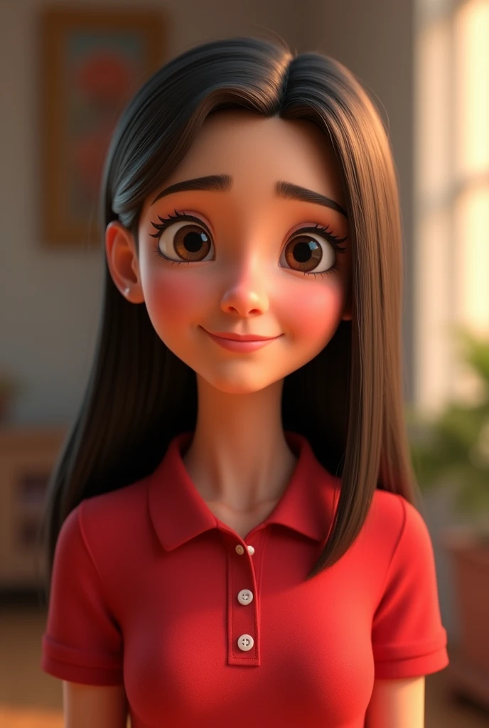 Cartoon characters of a young woman DARK BROWN STRAIGHT HAIR and a RED POLO shirt animation style rendering, 3D stylized, Arnold Maya rendering, Render 3D stylized, , 3D character, 3D character, Stylized 3D rendering, 3d character rendering, cartoon character, Close-up character, Character pose, (pixar style) (master part:1.2) (bokeh) (Best Quality) (detailed skin) (detailed texture) (8k) (clay) (cinematic lighting) (sharp focus