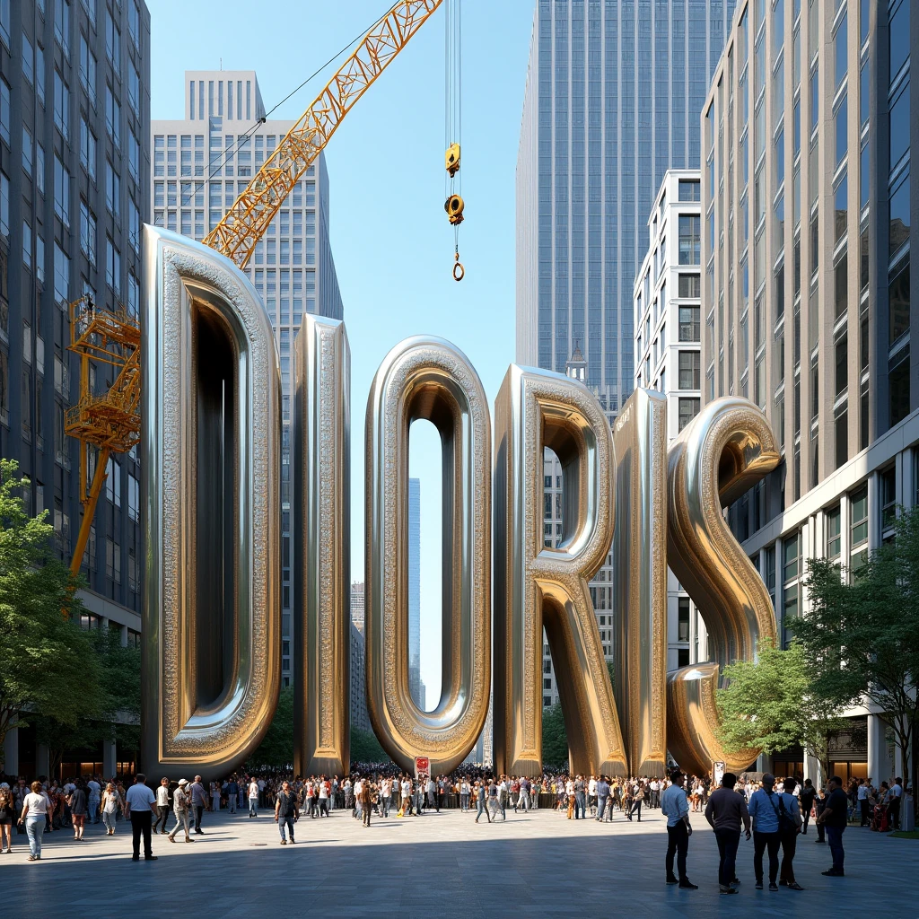 Placing these mega thick giant letters DIORIS using a crane in the middle of the city