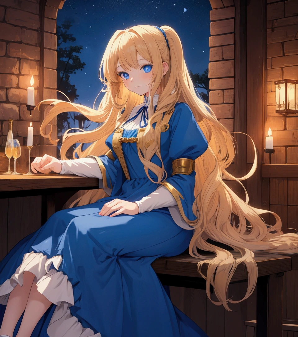 a young anime woman with long curly blonde hair down her waits no bangs blue eyes wearing blue renaissance dress. she is in a night time tavern happily enjoying the music